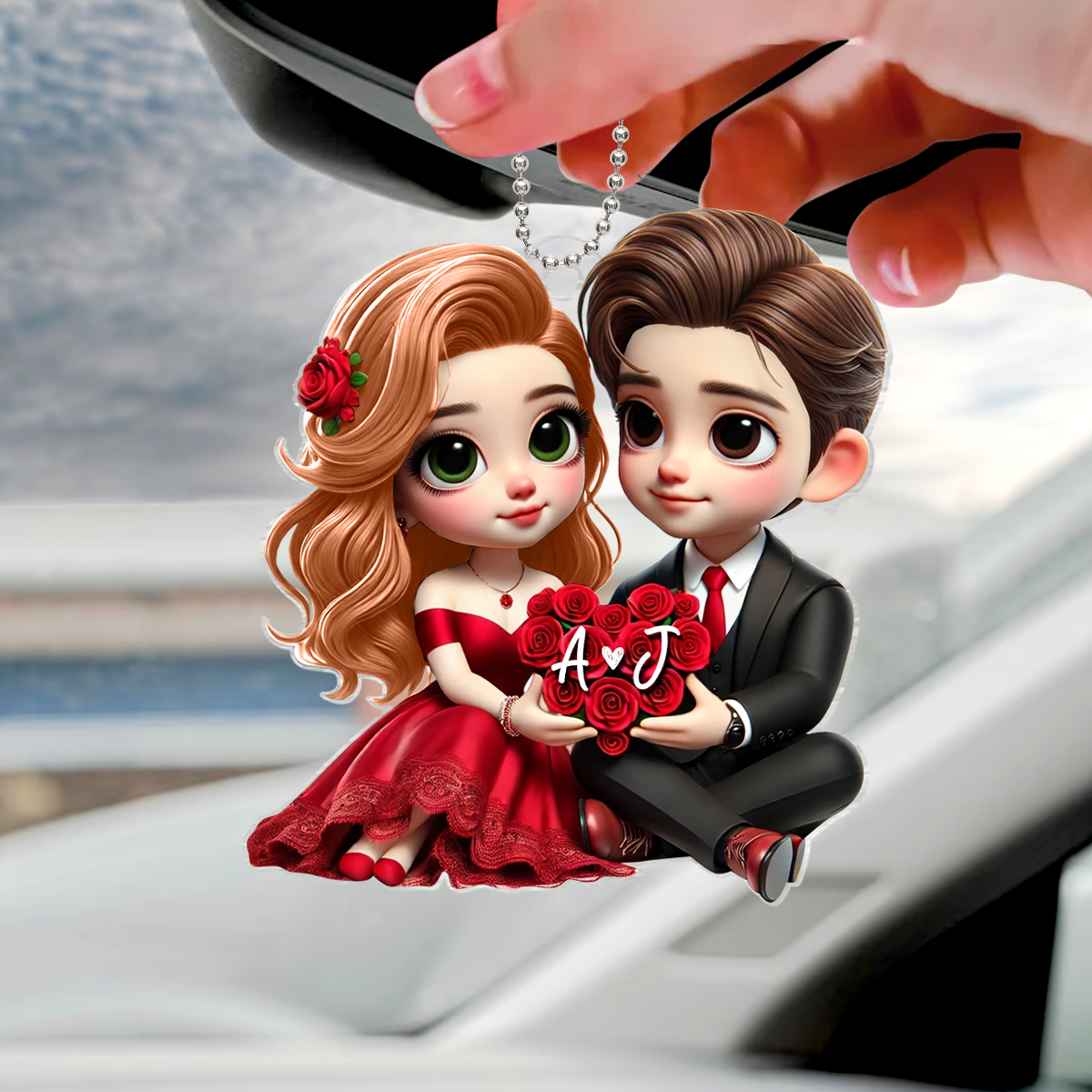 Romantic  Couple Roses Personalized Acrylic Car Hanger, Anniversary Gift for him, Gift for her