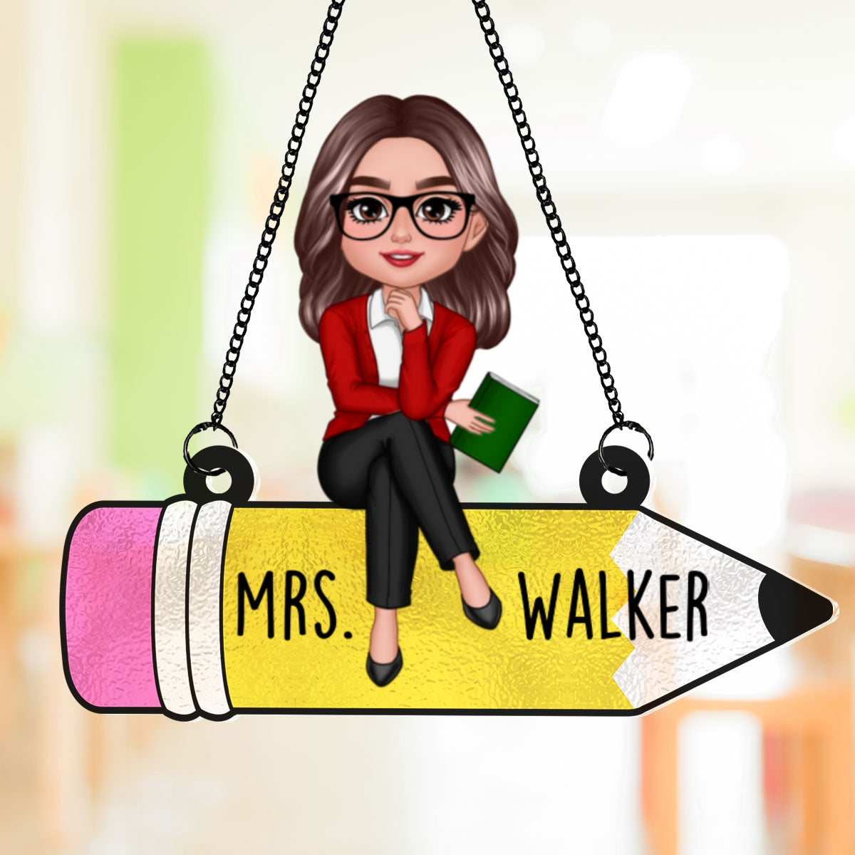Teacher Sitting On Pencil Personalized Suncatcher, Teacher Appreciation Gift, Back To School Gift