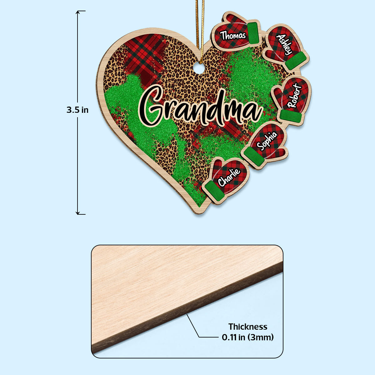 Grandma Grandkids Christmas Gloves Checkered Heart Personalized Wooden Ornament
