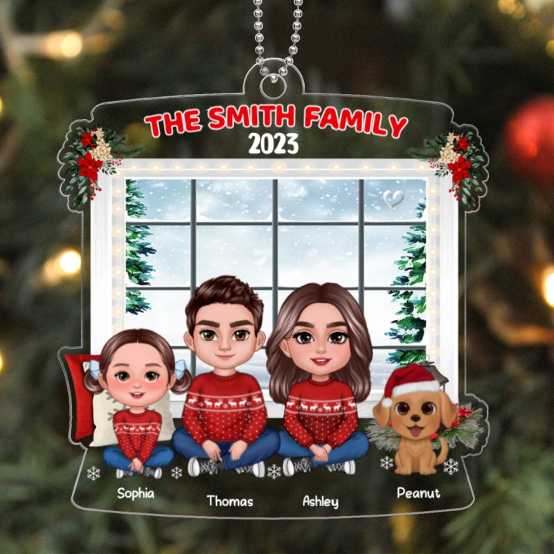 Family Crossed Legs Sitting By Window Dad Mom Kids Dogs Cats Personalized Acrylic Ornament