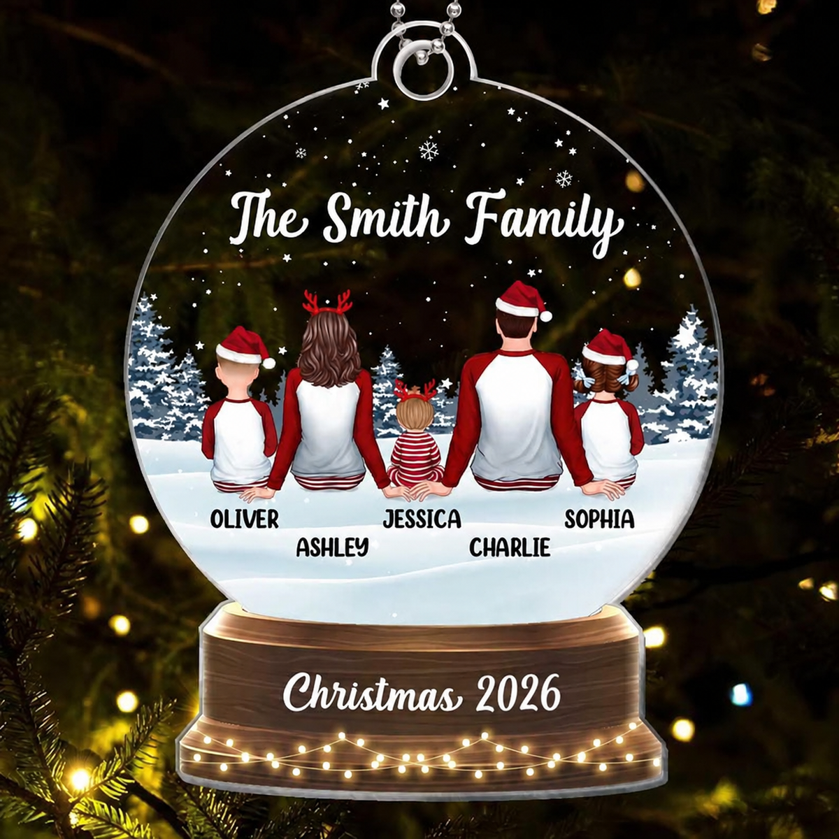 Snow Globe Pajamas Family Sitting Personalized Acrylic Ornament