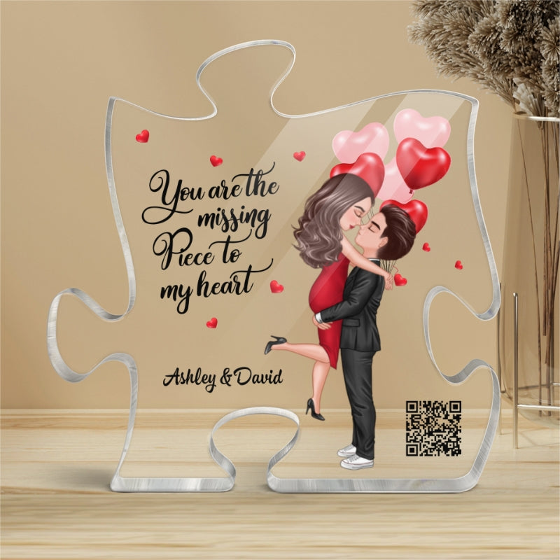 The Missing Piece To My Heart Doll Couple Hugging Kissing Scannable QR Code Favorite Song Personalized Puzzle Acrylic Plaque