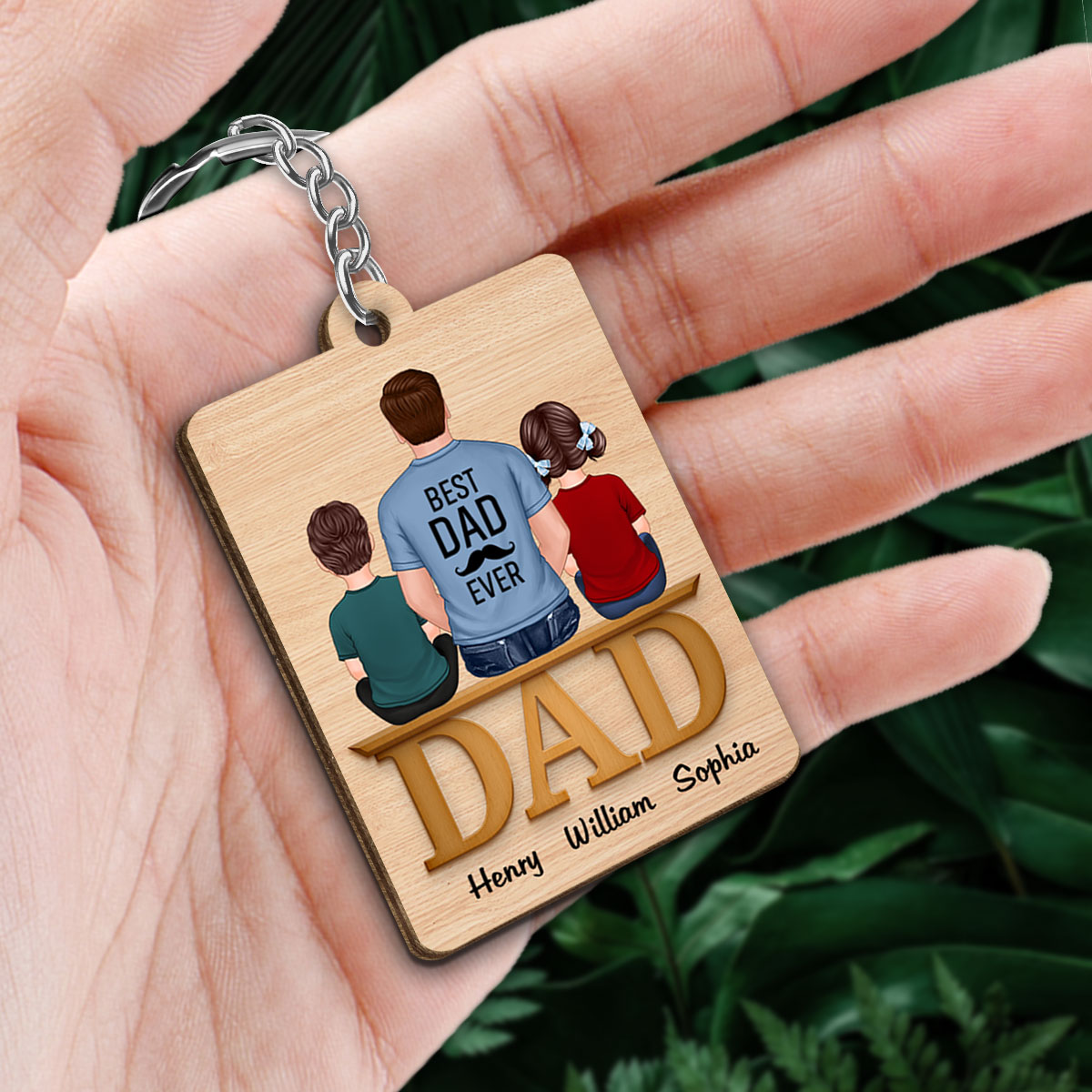 Dad Grandpa And Kids On Text Personalized Wooden Keychain
