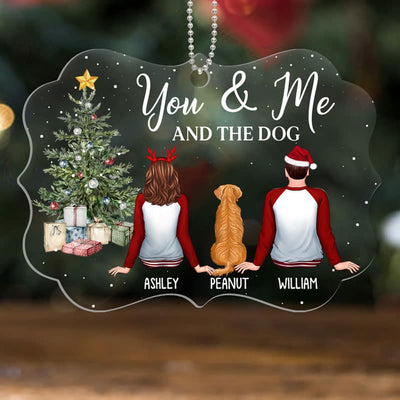 Christmas Pajamas Couple & Dogs Sitting By Christmas Tree Personalized Acrylic Ornament