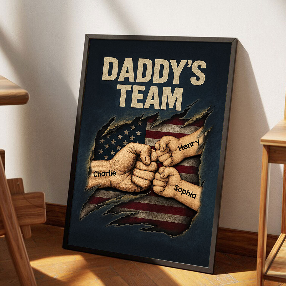 Daddy's Team Fist Bump Torned Flag Personalized Poster, Father's Day Gift for Dad