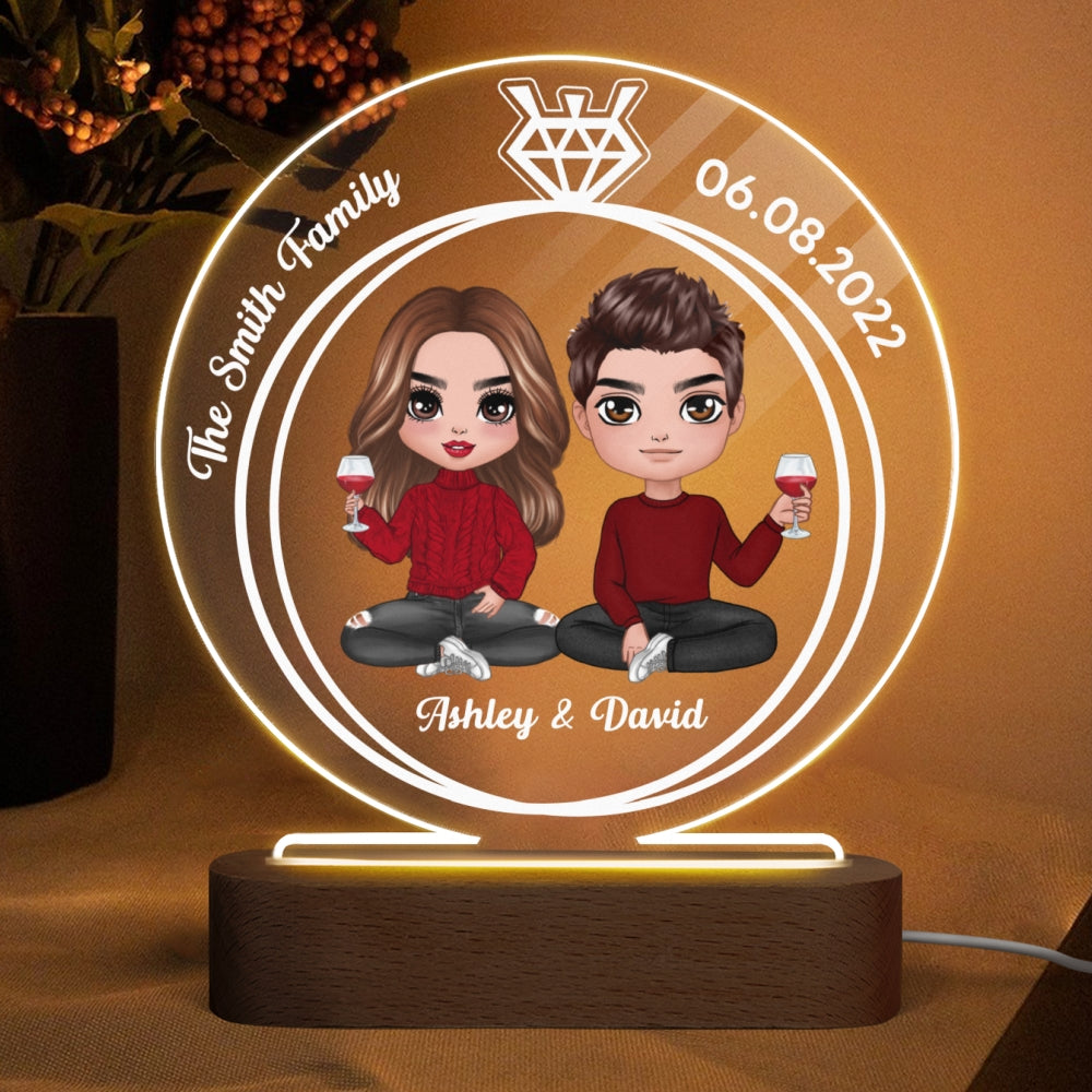 Doll Couple Sitting Ring Personalized Circle Plaque LED Night Light - Wedding Anniversary Gift