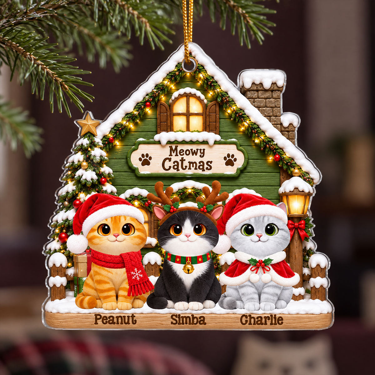 Meowy Catmas Christmas Cat House 2D Flat - Personalized Acrylic Ornament - Christmas Cat Lover Gift