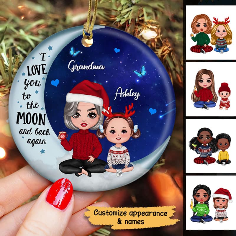 Doll Grandma & Grandkid On Blue Moon Personalized Circle Ornament