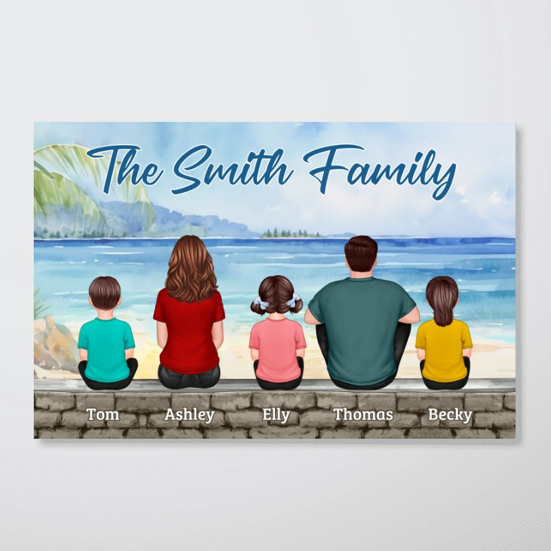 Family Sitting Back View Summer Beach Dad Mom Kids Dog Cat Personalized Horizontal Poster