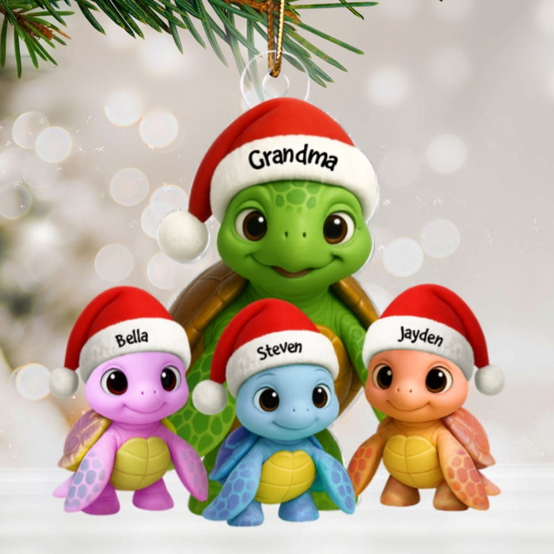 3D Effect Cute Christmas Sea Turtles Grandma And Grandkids - Personalized Acrylic Ornament