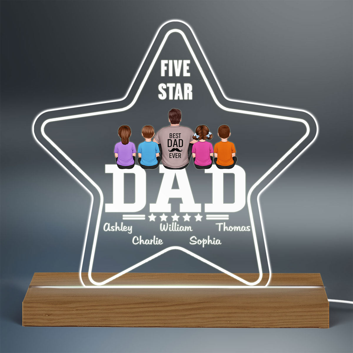Five - Star Dad Back View Sitting Man Kids Dog Cat Personalized Warm Acrylic Custom Shape LED Night Light