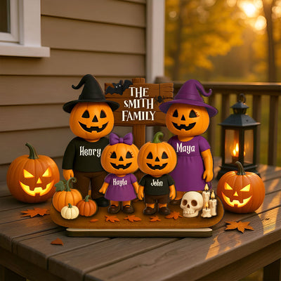 Jack O' Lantern Family 3D Effect Personalized 2-Layered Standing Wooden Plaque, Halloween Decor