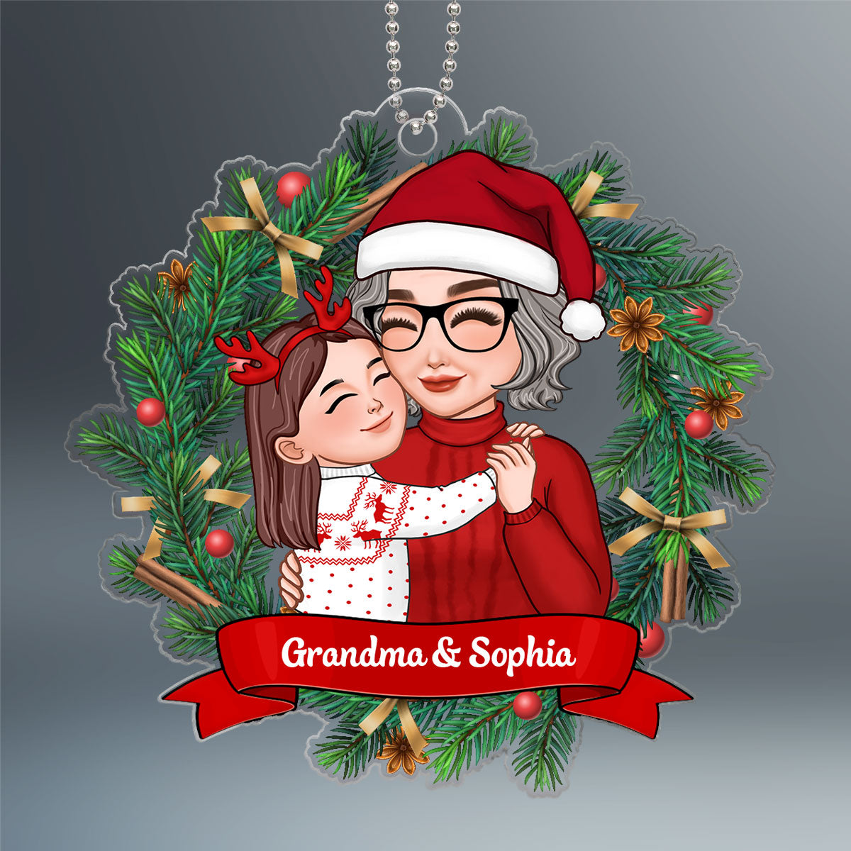 Christmas Wreath Grandma Grandkid Hugging Personalized Acrylic Ornament