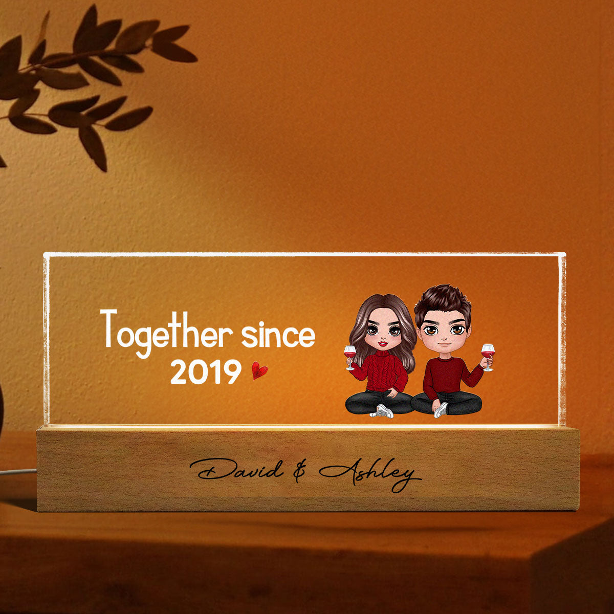 Doll Couple Sitting Together Since Personalized Acrylic LED Night Light, Anniversary Gift For Her, Gift For Him