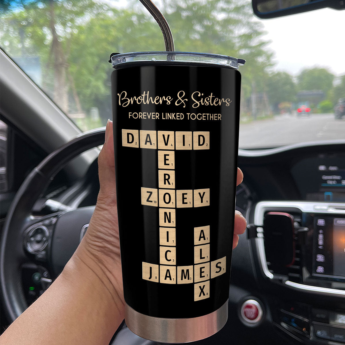 Brothers & Sisters Forever Linked Together Crossword Puzzle Art Personalized Tumbler, Gift For Brothers, Sisters, Siblings, Family