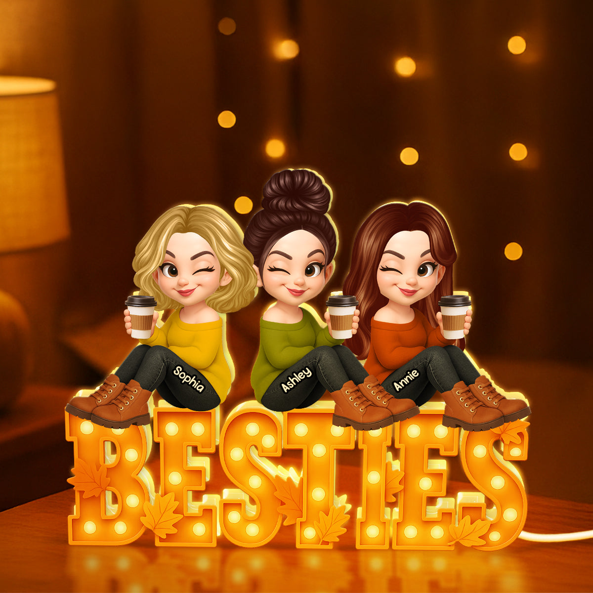 Fall Season Besties Sitting Marquee Pattern Texture Letters Personalized LED Light Box