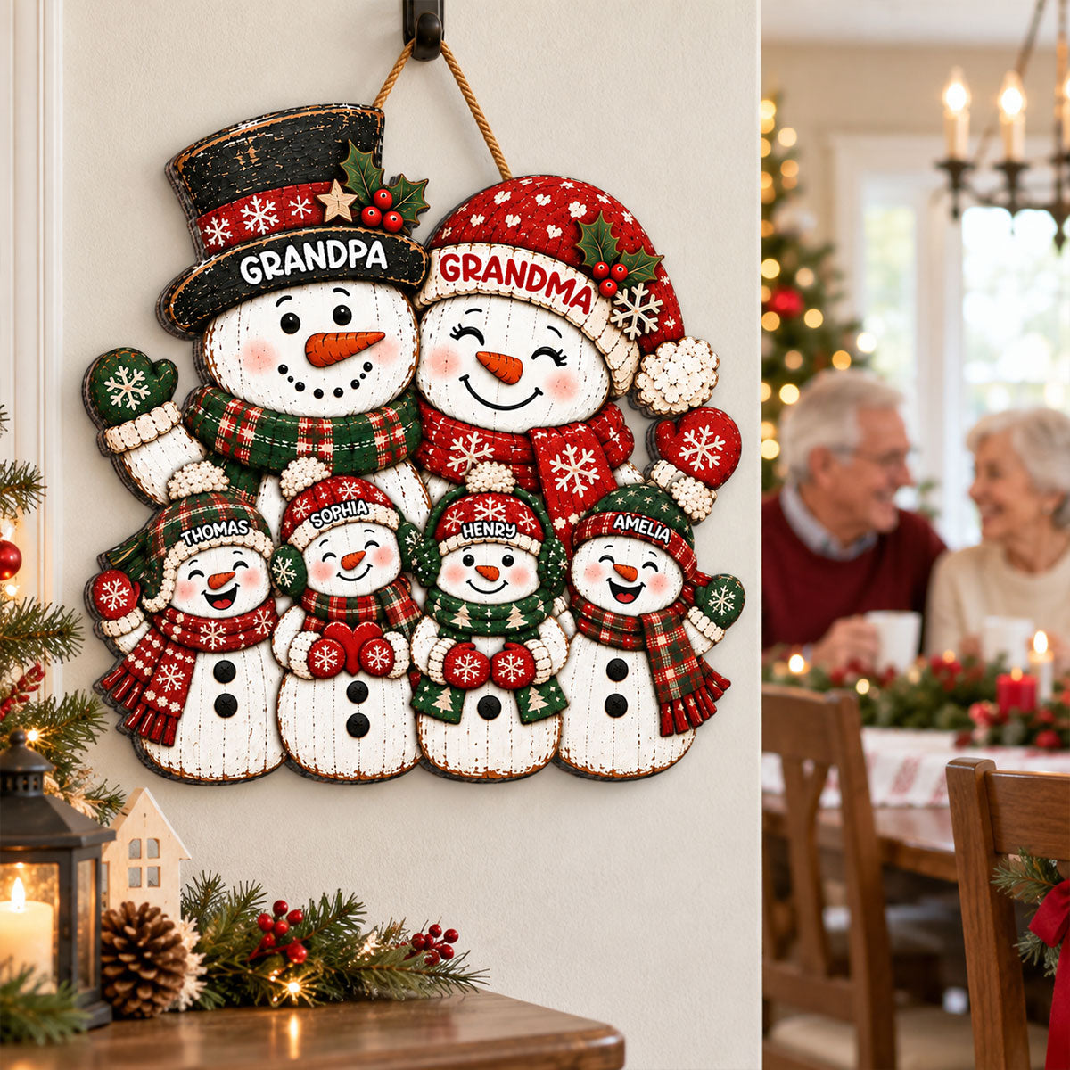 Festive Snowman Grandpa Grandma Grandkids - Personalized Wood Sign - Christmas Decor For Grandparents