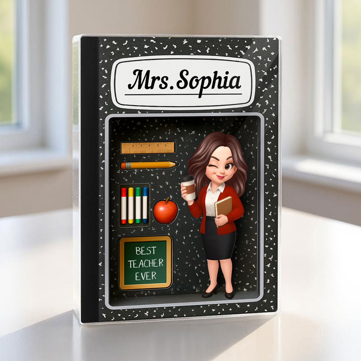 Teacher Inside Composition Book Pattern Box 3D Effect Personalized Acrylic Block, Back To School Gift