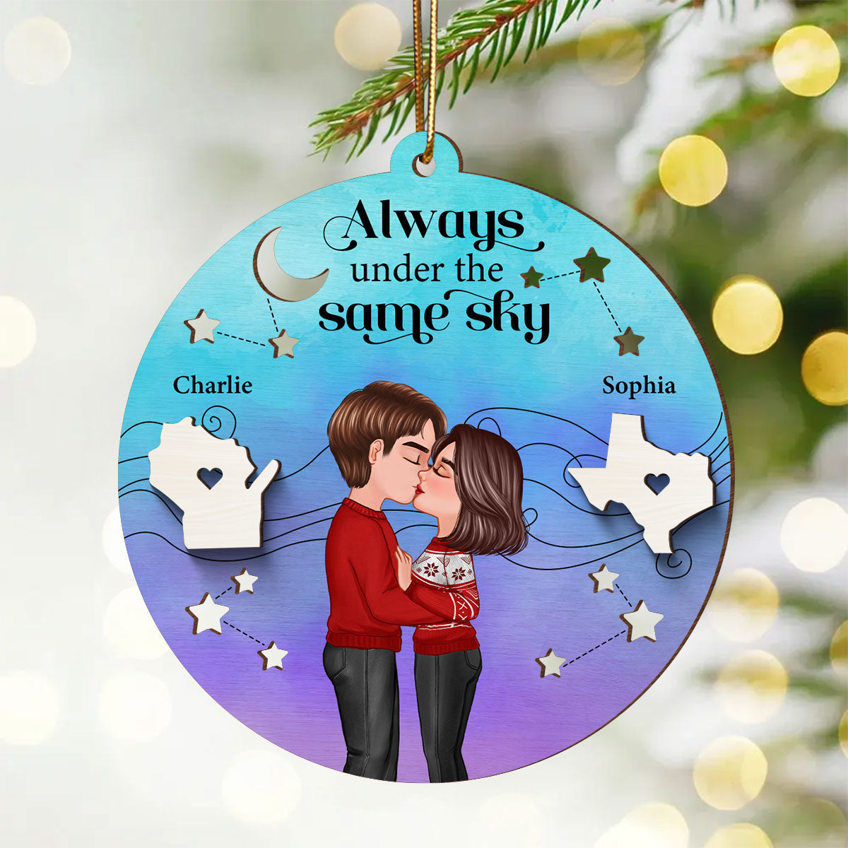 Always Under The Same Sky Personalized 2-Layer Wooden Ornament, Christmas Gifts for Boyfriend Long Distance Relationship Gift