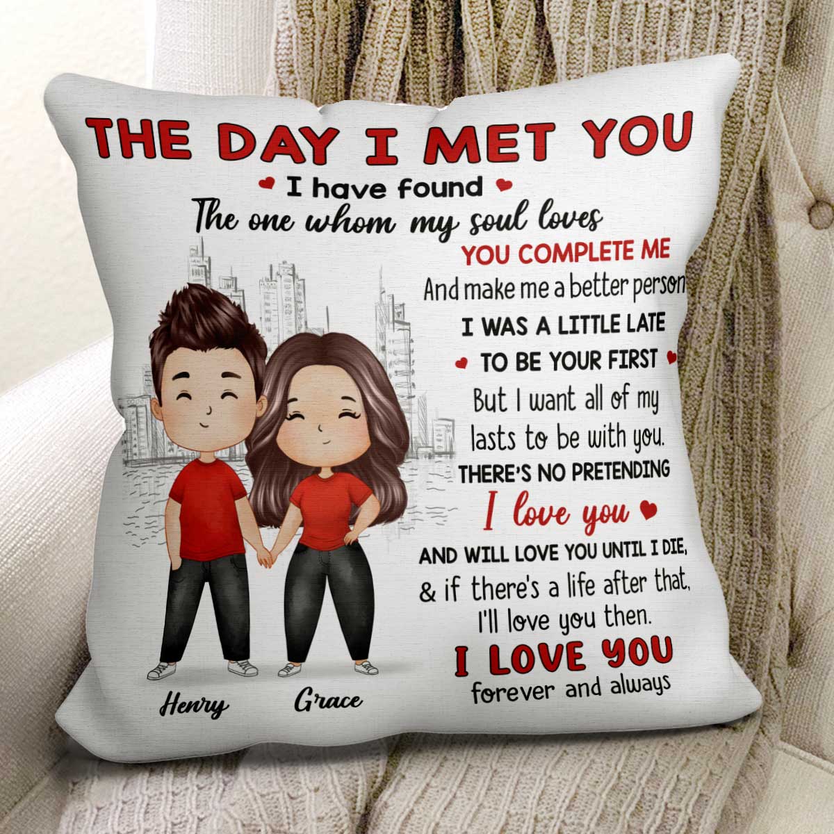 Watercolor Couple The Day I Met You Gift For Him For Her Personalized Pillow
