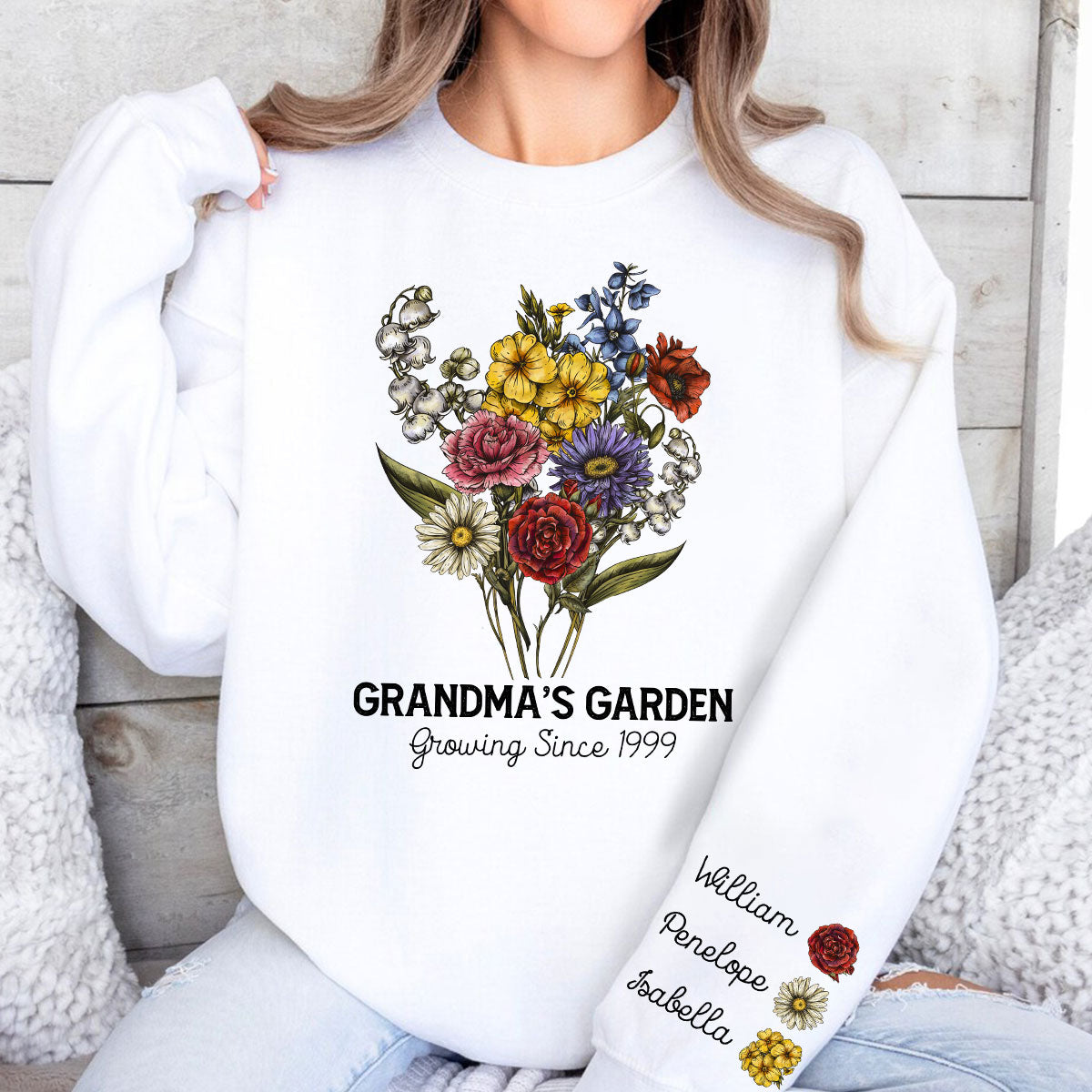 Grandma‘s Garden Beautiful Vintage Birth Month Flowers Bouquet Personalized Sleeve Printed Sweatshirt