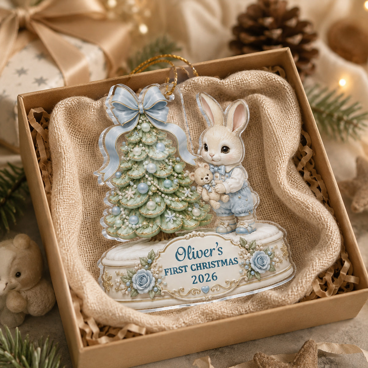 Baby's First Christmas Cute Rabbit - Personalized Acrylic Ornament - Newborn Gift