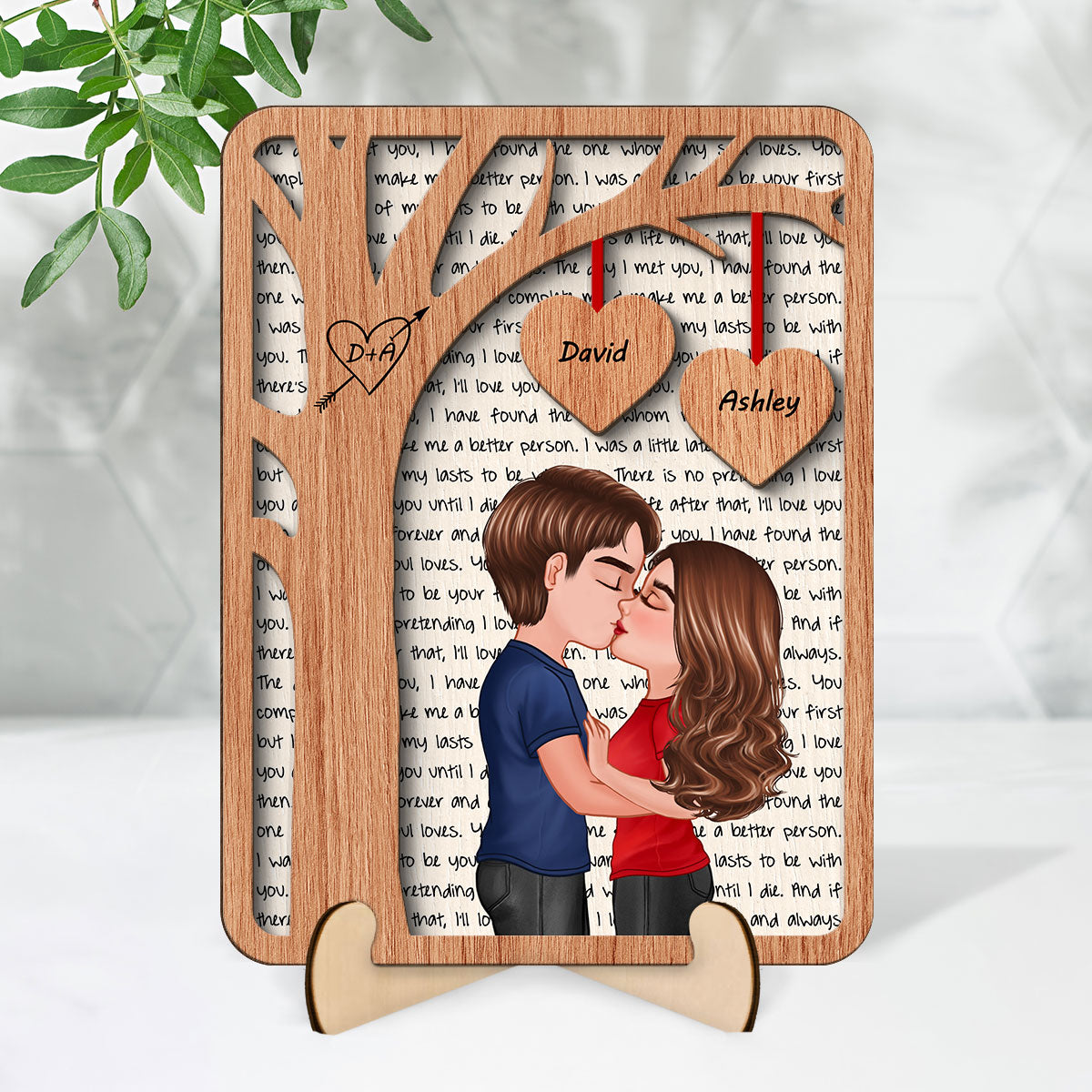 Couple Kissing Under Tree Love  Gift For Him For Her Personalized 2-Layer Wooden Plaque