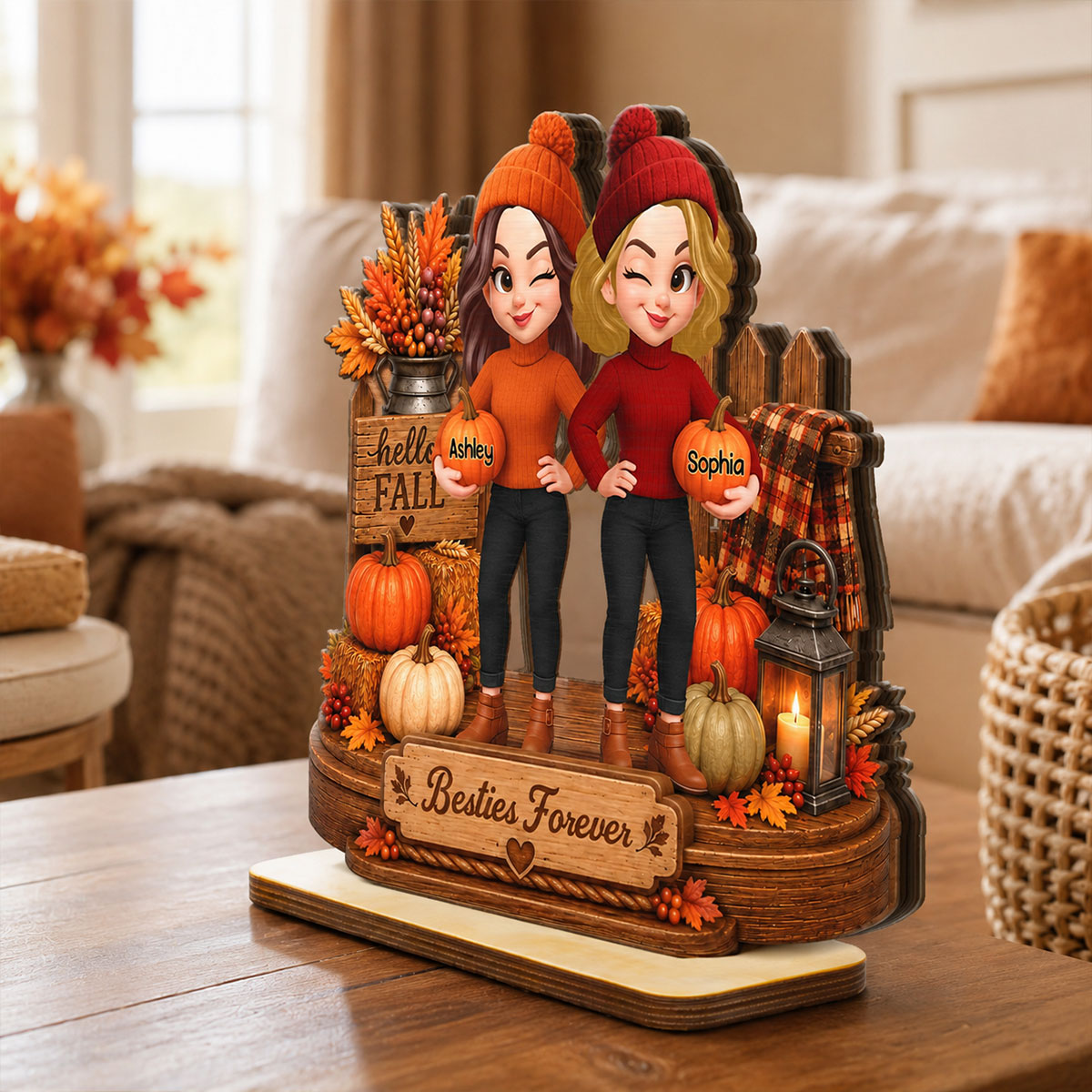 Besties Forever Fall Pumpkin Patch 2D Flat - Personalized Wooden Plaque - Cozy Fall Season Gift for Besties