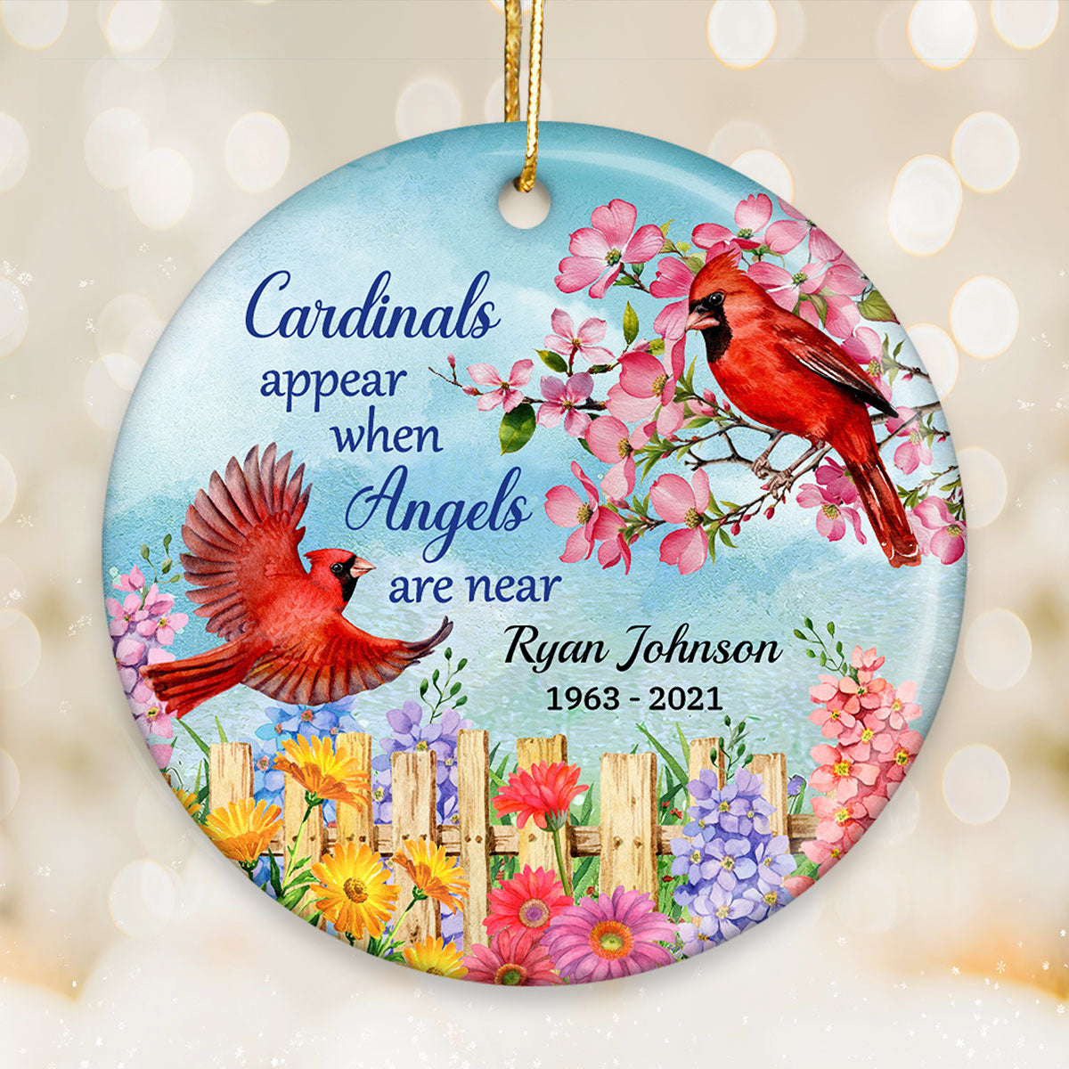 Cardinal Flowers Memorial Personalized Circle Ceramic Ornament Designed By Kerianne Consistent