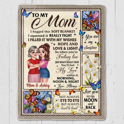 Feel My Love Within Hugging Cartoon Mom Daughter Flower Butterfly Personalized Fleece Blanket
