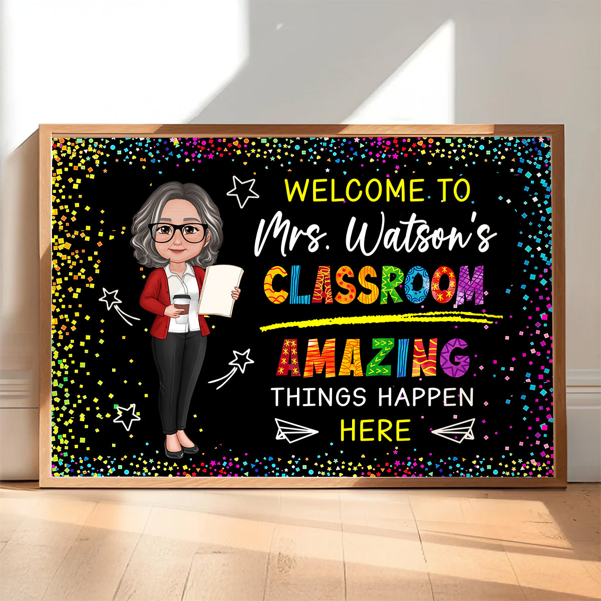Classroom Amazing Things Happen Here Personalized Motivational Poster, Teacher Classroom Decor