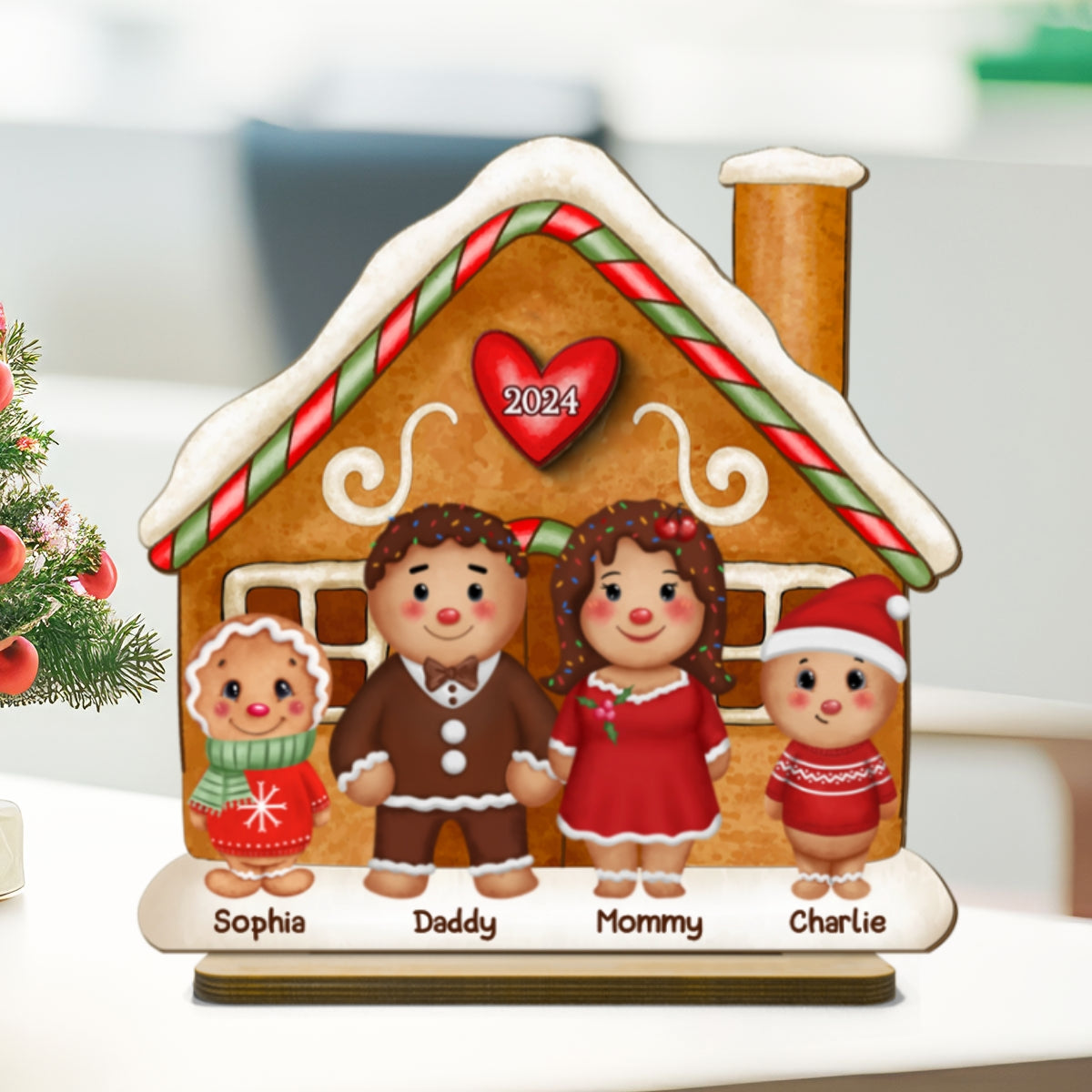 Gingerbread Family Standing House Personalized 2-Layer Standing Wooden Plaque