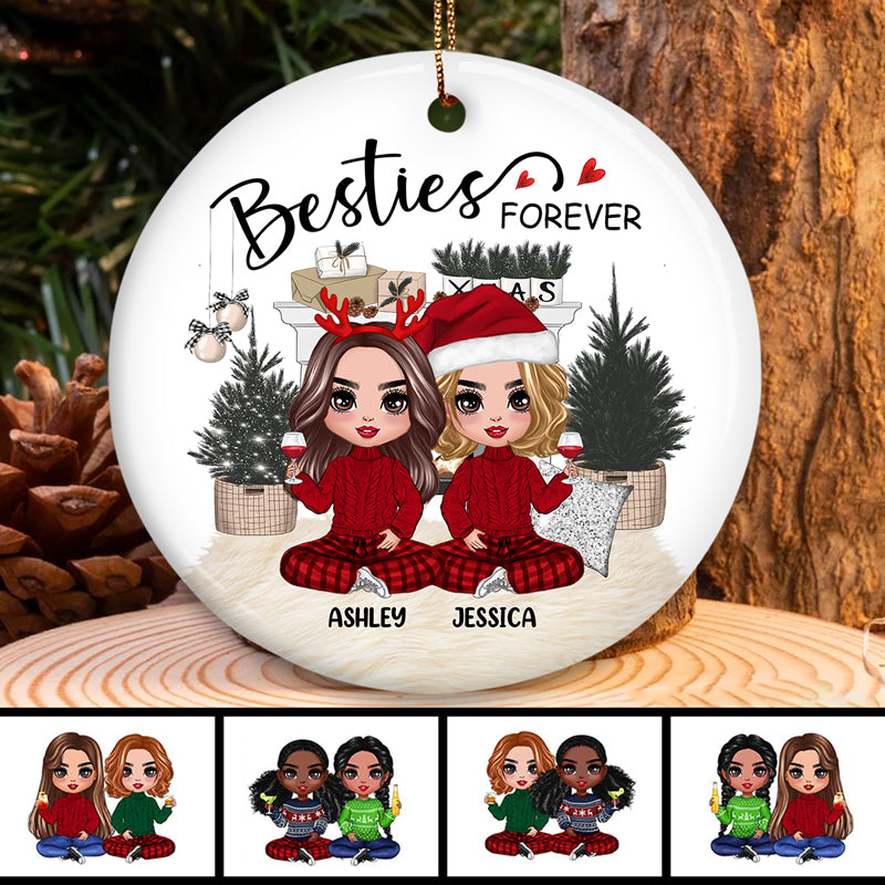 Checkered Pants Besties At White Fireplace Personalized Circle Ornament