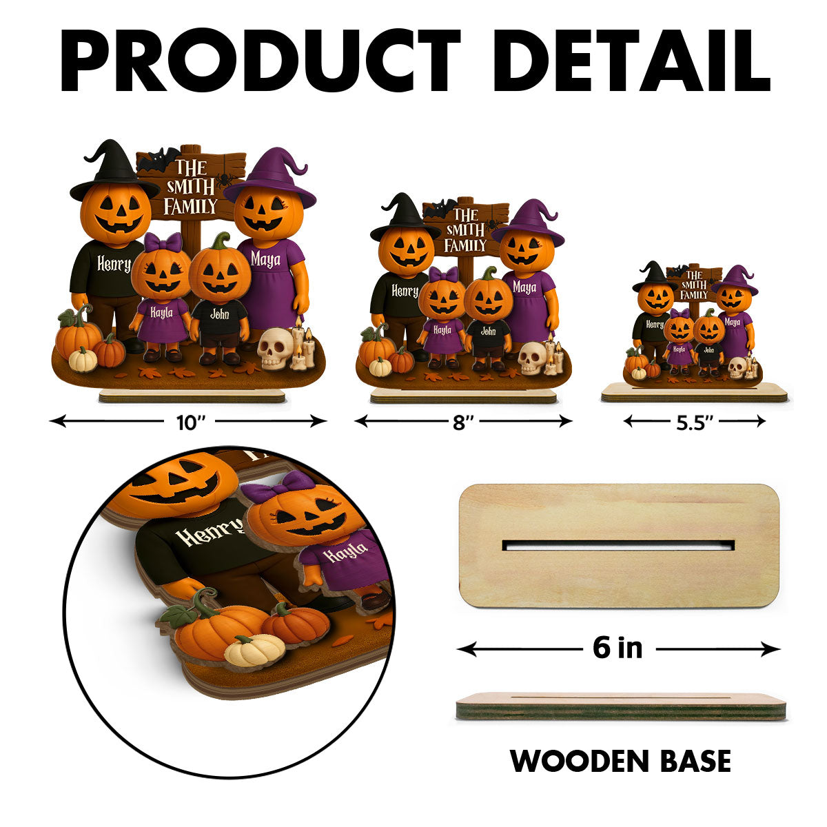 Jack O' Lantern Family 3D Effect Personalized 2-Layered Standing Wooden Plaque, Halloween Decor