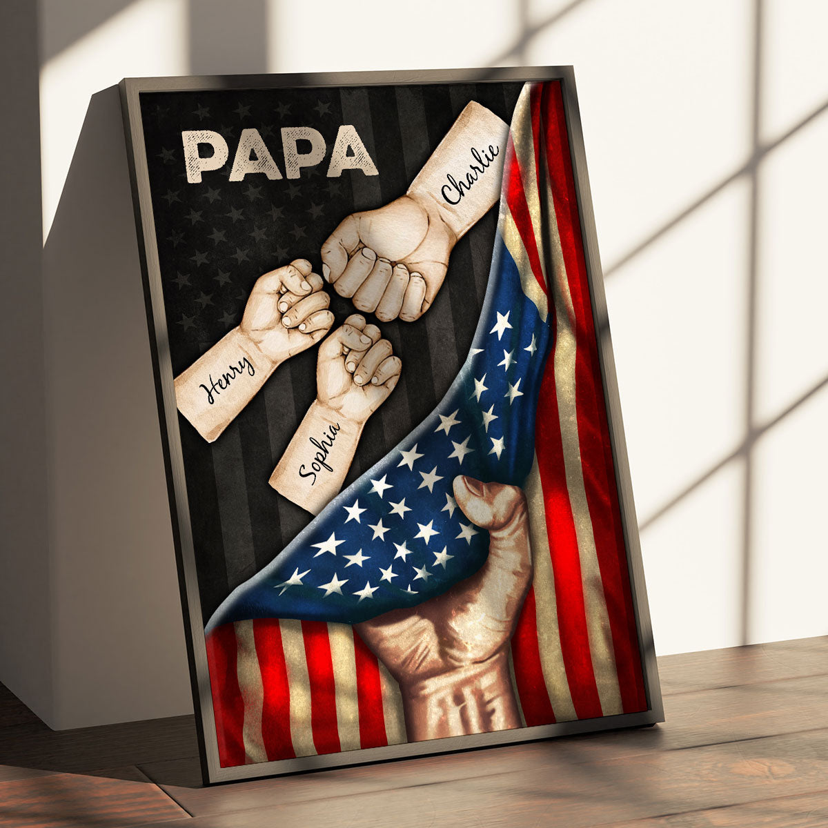 Daddy's Team Fist Bump Hand Pulling American Flag Personalized Poster, Father's Day Gift for Dad, for Grandpa, for Husband