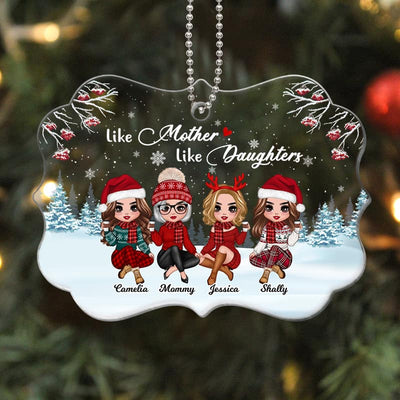 Doll Mother & Daughters Sitting In Snow Personalized Acrylic Ornament