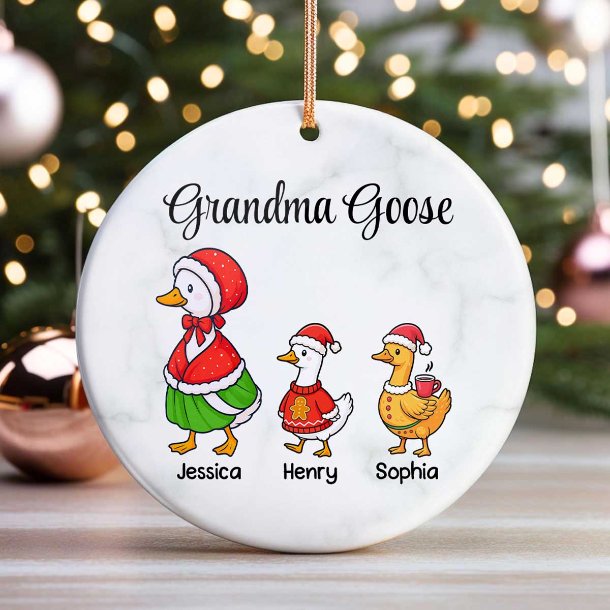 Cute Grandma Goose And Kids Personalized Circle Ceramic Ornament