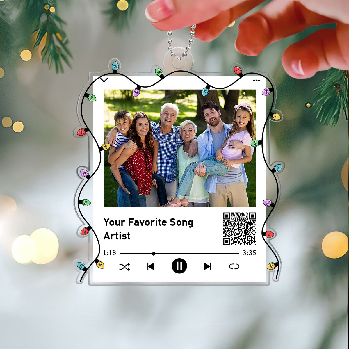 Christmas Lights Custom Photo Couple Family Friends Scannable QR Code Personalized Acrylic Ornament