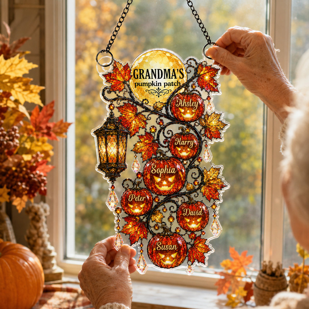 Grandma's Pumpkin Patch - Personalized Acrylic Window Hanging - Halloween Fall Decor for Grandma