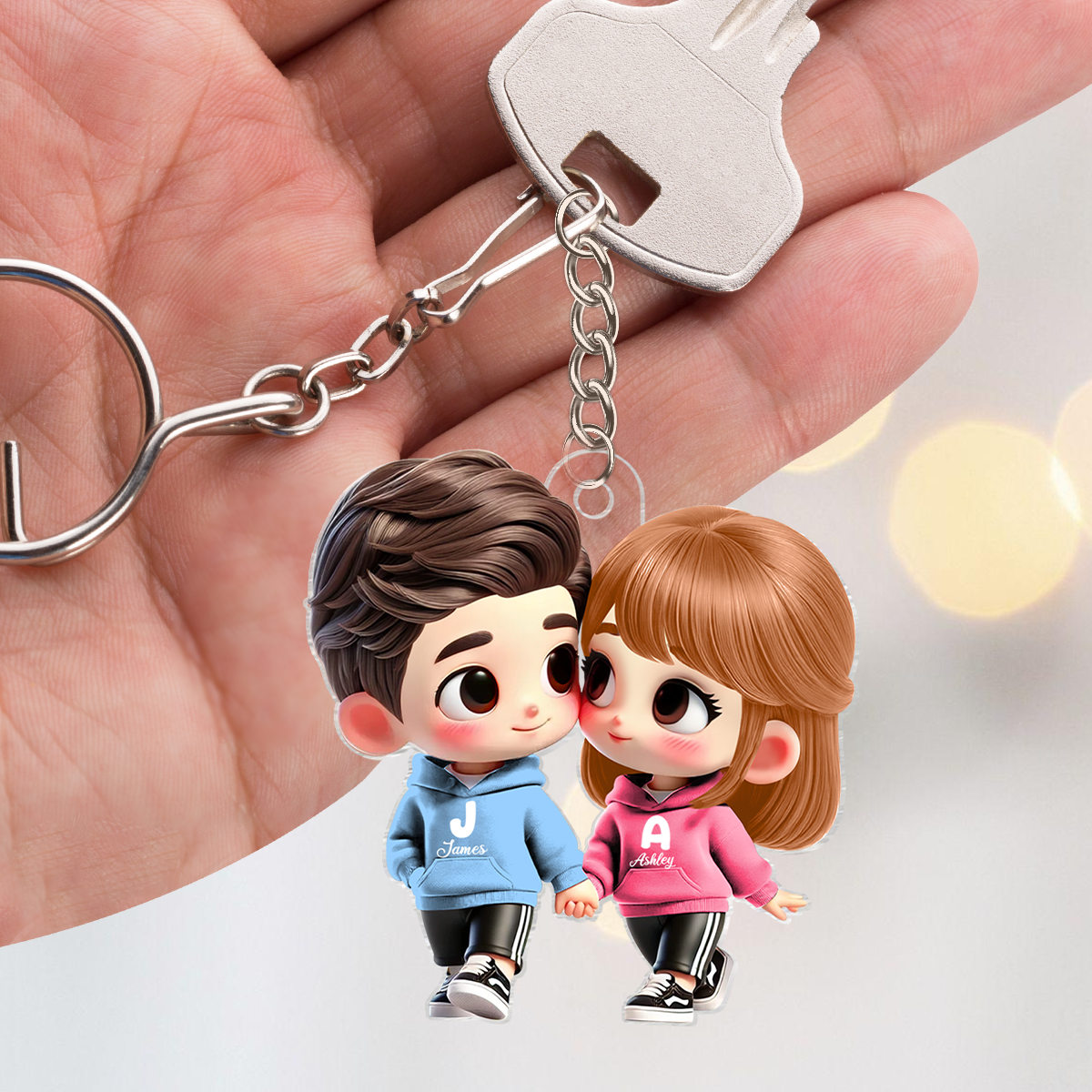 3D Effect Cute Cartoon Couple Holding Hands Personalized Acrylic Keychain, Anniversary &  Gift for him, Gift for her