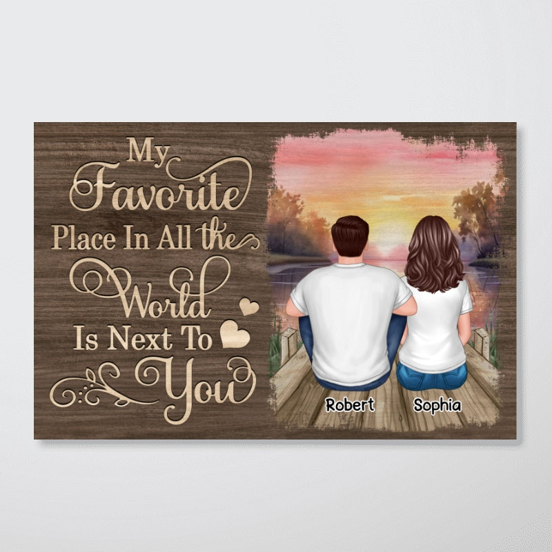 Couple Sitting Back View Wooden Sunset Lake Personalized Horizontal Poster