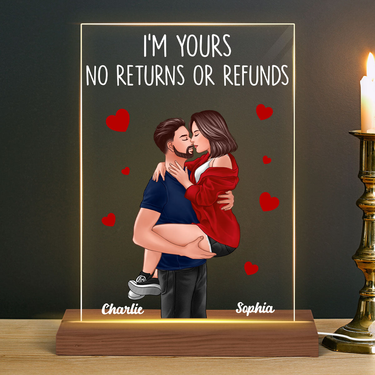 Couple Man Holding Woman Kissing Gift For Him For Her Personalized Acrylic Plaque Rectangle LED Night Light