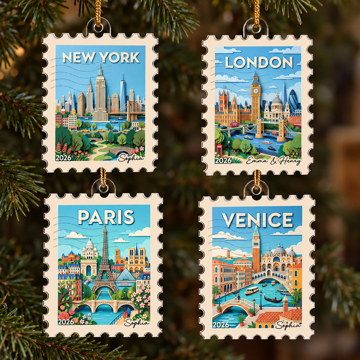 Any City Landscape Stamp - Personalized Acrylic Ornament - Travel Keepsake For Travel Lover
