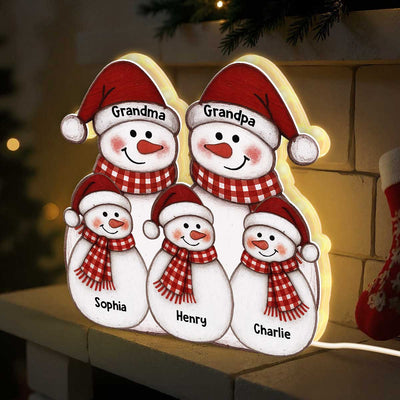 Folk Art Cute Snowman Grandma Grandpa & Grandkid - Personalized Light Box - Christmas Decor For Grandparents