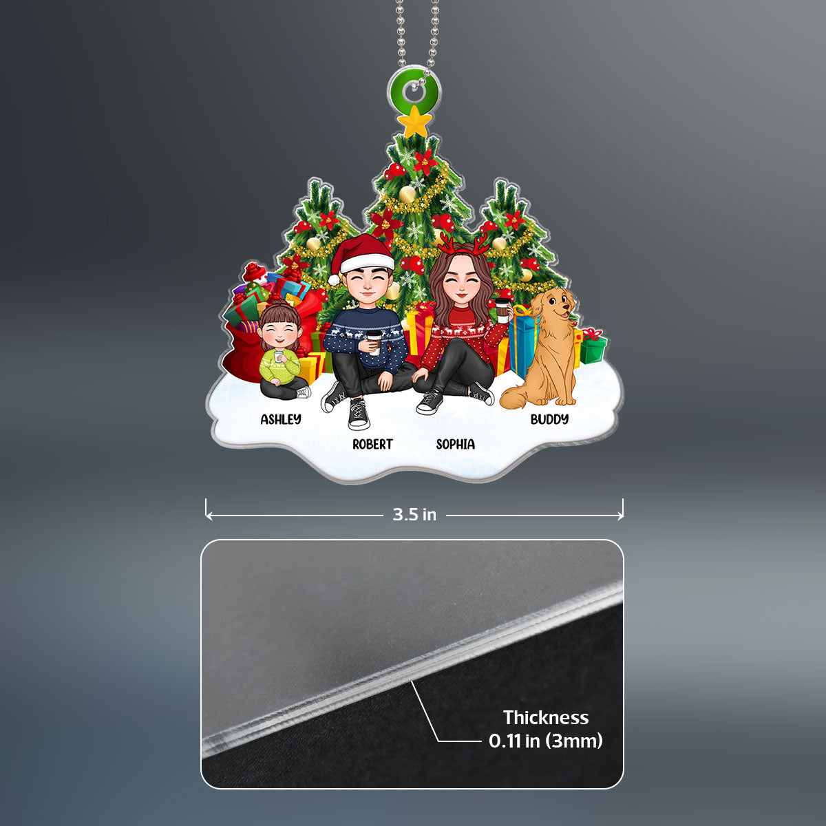 Cute Family Dad Mom Kids Dogs Cats Sitting At Christmas Tree Personalized Acrylic Ornament