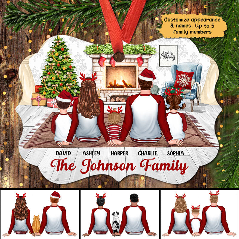 Christmas Family Pajamas Back View At Fireplace Personalized Christmas Ornament