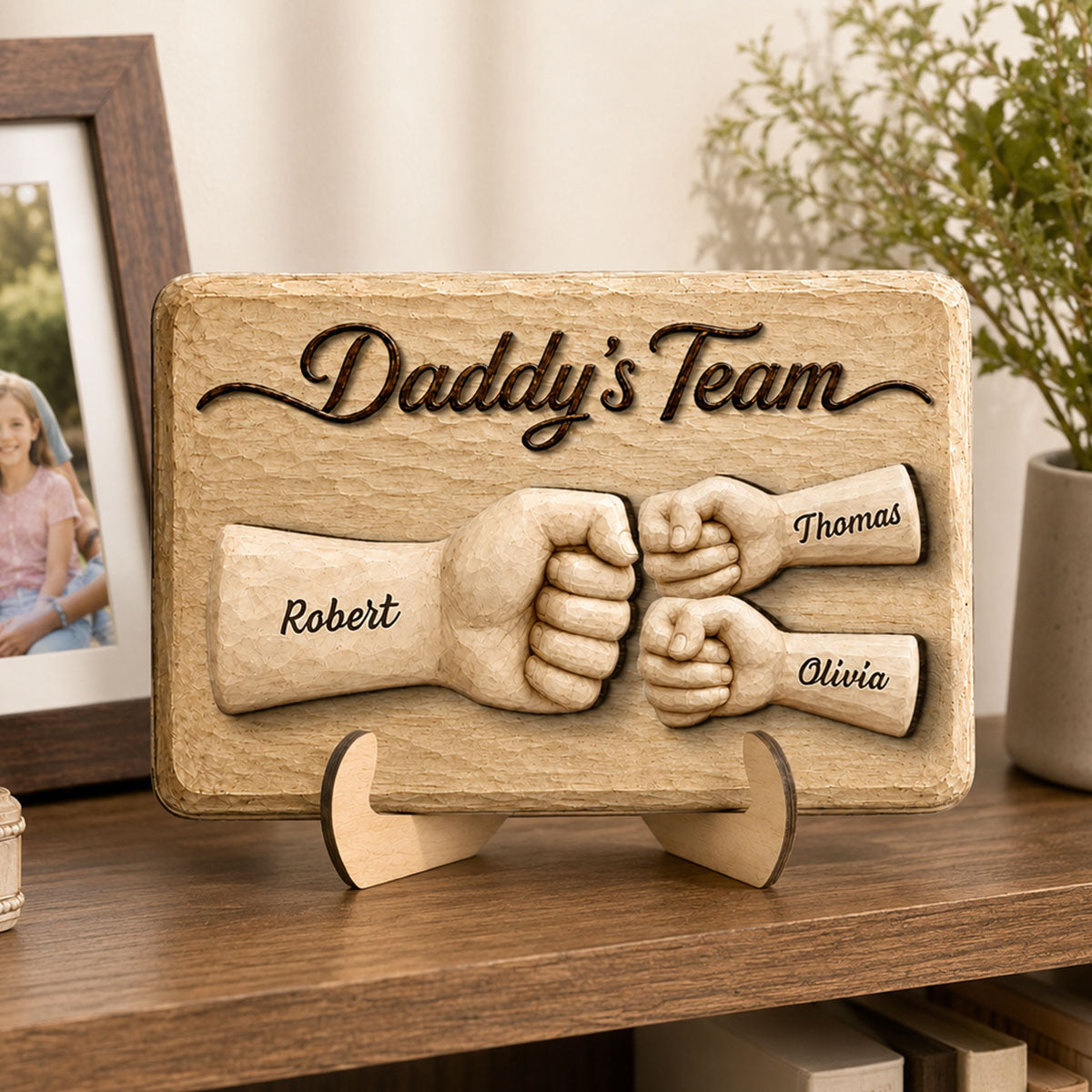 Sentimental Rustic Daddy's Team Fist Bump - Personalized 2-Layered Wooden Plaque - Father's Day Gift For Dad, Husband