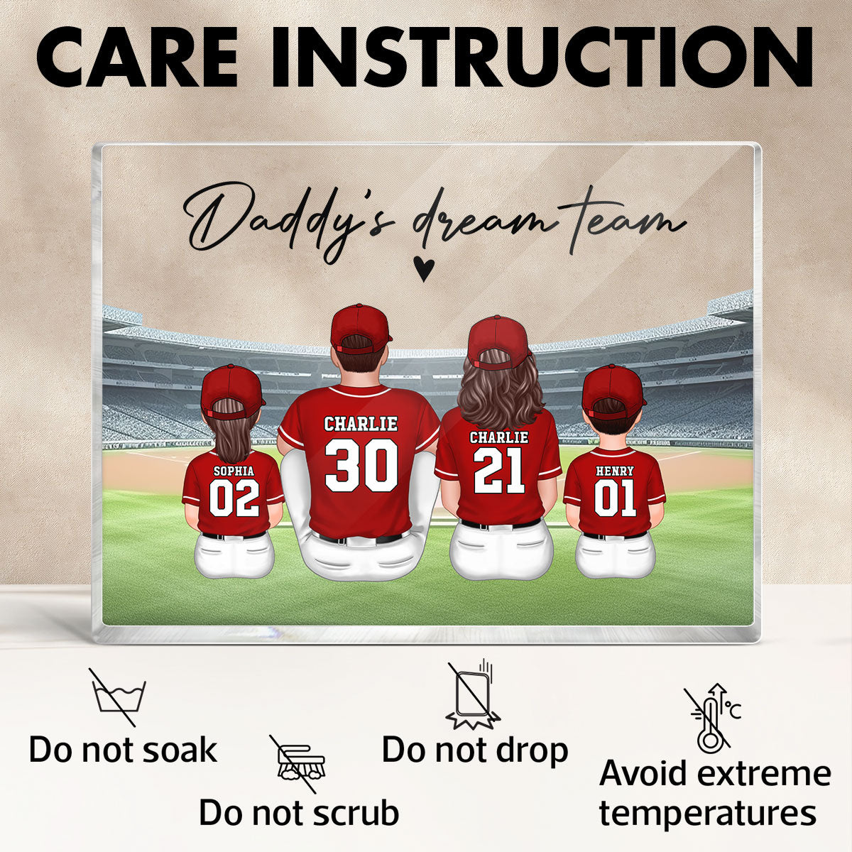 Daddy's Team Baseball Family Sitting Personalized Acrylic Block, Unique Father's Day Gift for Dad, Gift for Husband