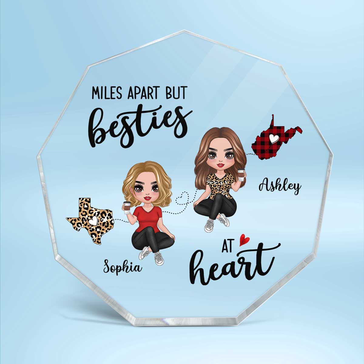 Miles Apart Long Distance Besties At Heart Personalized Nonagon Acrylic Plaque - Gift For Best Friends, Sisters