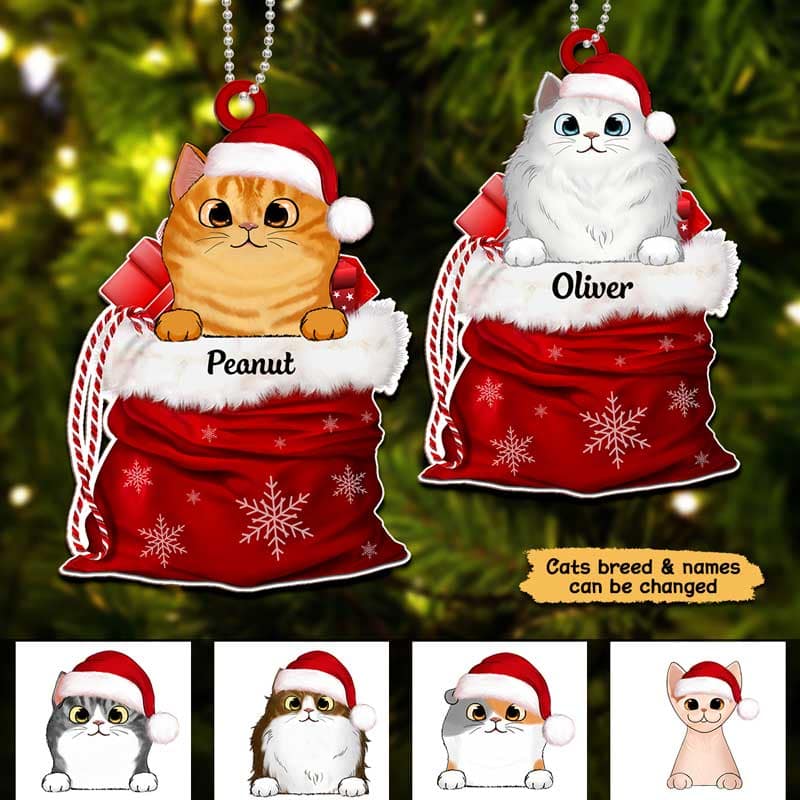 Peeking Cats In Christmas Gift Basket Personalized Wooden Ornament